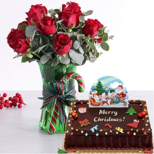 Holiday 12 Red Roses with Chocolate Cake
