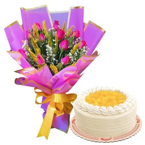 One Dozen Roses with Sampler Can Cake