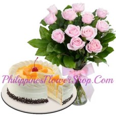 12 Pink Roses with Mango Cake by Red Ribbon