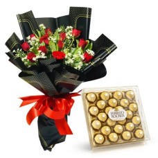 12 Red Roses with 24 pcs Ferrero chocolate