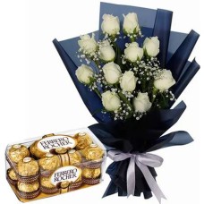 12 White Roses with 16 Ferrero Rocher Box