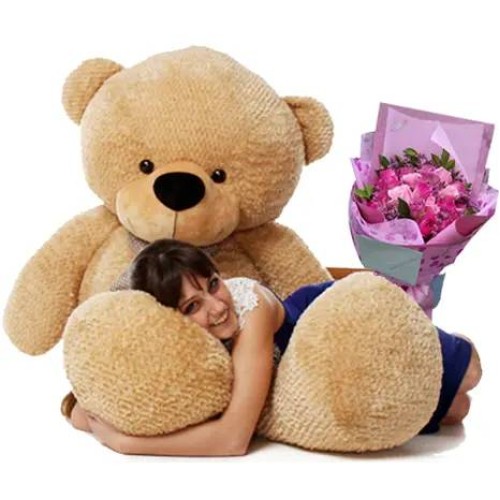 5ft Huggable Giant Bear w/ 24 Pink Rose Bouquet