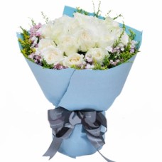24 White Roses with Green leaves