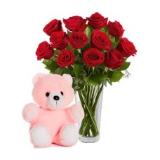 12 Red Rose Vase & Pink Color Teddy Bear