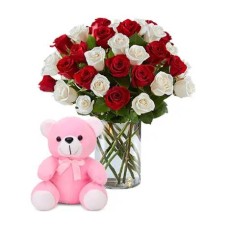 36 Red, White Roses Vase & Pink Teddy Bear