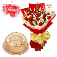 24 Red Roses & Round Creamy Caramel Cake