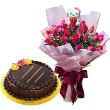 24 Pink Roses with Chocolate Chiffon Cake