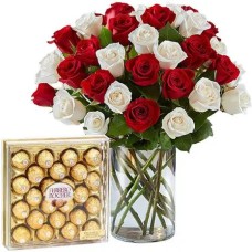 36 Red & White Roses vase with 24 pcs Ferrero Chocolate#14