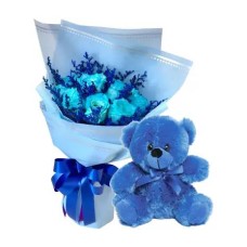 12 Blue Roses with Blue Teddy Bear