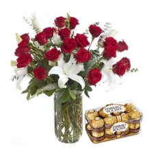 Roses, White Lilies Vase with 16 Ferrero Box