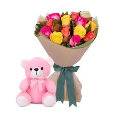 12 Mixed roses with Pink Bear