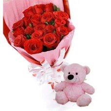 24 Red Roses with small Bear#19