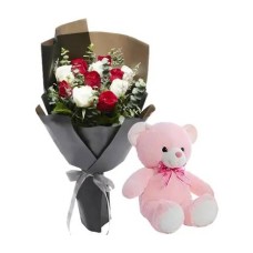12 Mixed Roses Bouquet with Pink Teddy