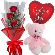 3 Red Roses, Bear with Heart Shape Balloon