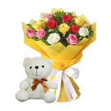 12 Mixed Roses Bouquet & White Bear