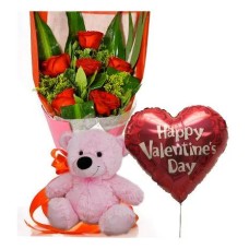 6 Red Roses,Pink Bear with Valentine Balloon#21