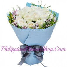 24 White Roses with Green Leaves