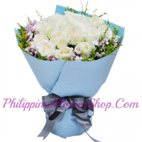24 White Roses with Green Leaves