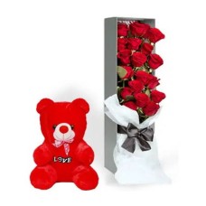 18 Red Roses Box with Red Teddy Bear