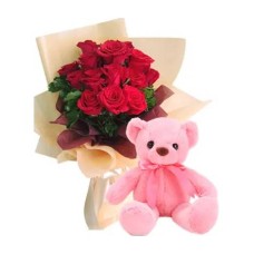 12 Red Rose Bouquet and Pink Color Teddy Bear