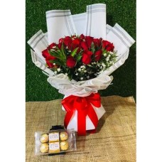 24 Red Roses Bouquet with 6 Ferrero Box