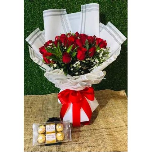 24 Red Roses Bouquet with 6 Ferrero Box