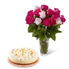 24 Hot & Soft Pink Roses in Vase with Red Ribbon Cake