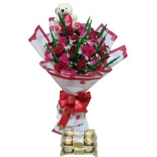 Red & Pink Roses with Mini Bear () & Chocolates