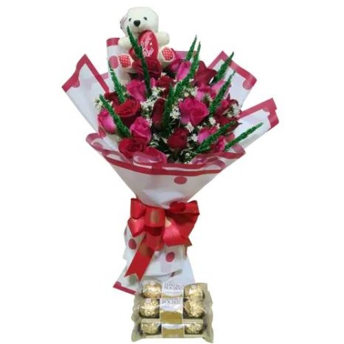 Red & Pink Roses with Mini Bear () & Chocolates