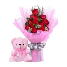 12 Red Rose Bouquet and Pink Teddy Bear