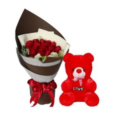 12 Red Roses with Red Teddy