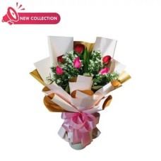 Half Dozen Red & Hot Pink Roses in Bouquet
