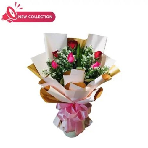 Half Dozen Red & Hot Pink Roses in Bouquet