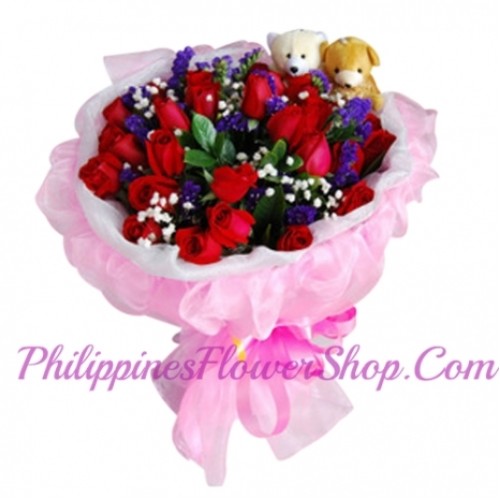 24 Red Roses with 2 Mini Bear in Bouquet