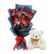 12 Red Rose Bouquet and Teddy Bear