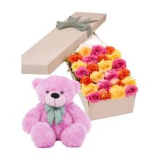 24 Mixed Roses Box with Pink Teddy Bear