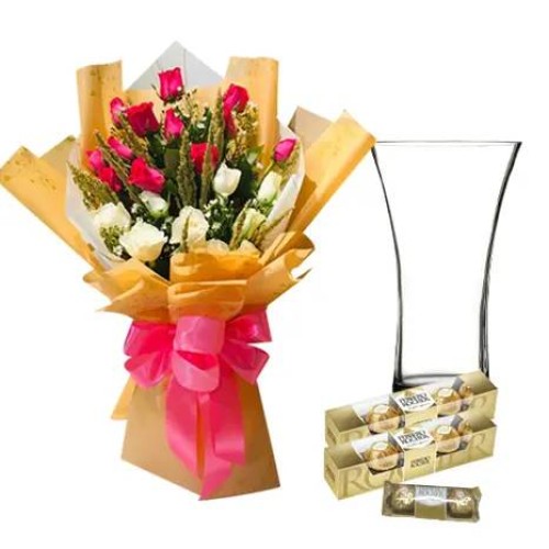 24Pcs White & Pink Roses Bouquet With Chocolate (Vase)