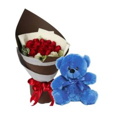 12 Red Roses Bouquet and Blue Bear