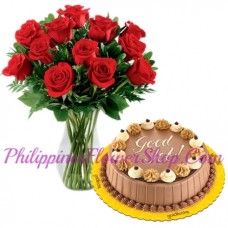 12 Red Roses with Triple Delight Cake