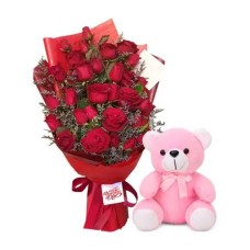 24 Red Rose Bouquet & Pink Teddy Bear