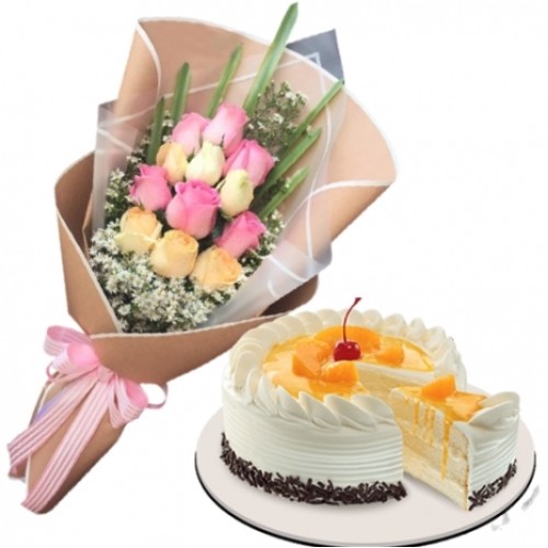 Mixed Flower Bouquet with Mango Cake (6'' Round Cake)