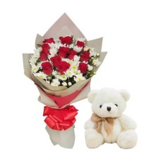 12 Roses, Mix Flowers Bouquet & Teddy Bear