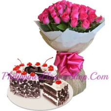 24 Pink Color Roses with Black Forest Cake