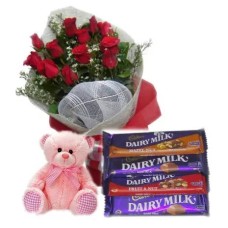 12 Red Roses Bouquet,Pink Bear with Cadbury Chocolates#38