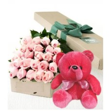 24 Pink Roses Box With Red Bear#45