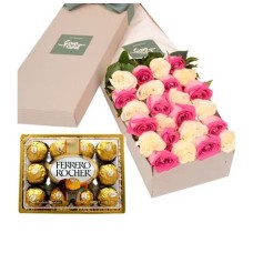 24 White & Pink Roses Box with Ferrero Rocher Chocolate #46