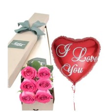 6 Pink Roses Box with I love U Balloon#48