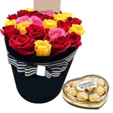 24 Red,Yellow & Pink Roses Box With Heart Chocolate Box#49