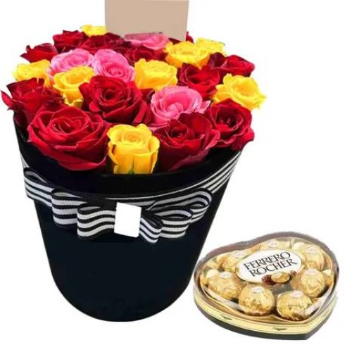 24 Red,Yellow & Pink Roses Box With Heart Chocolate Box#49
