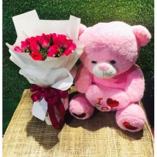 24 Hot Pink Roses Bouquet With 2 Feet Teddy